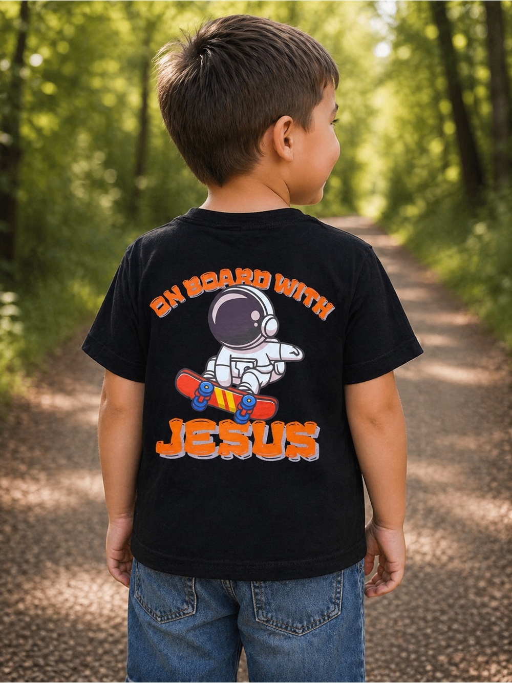 Gildan Black Kids Tee with Astronaut Skateboard Graphic in Orange and Red